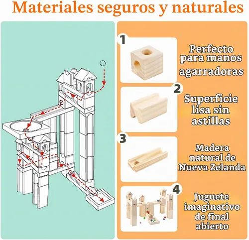 Vista 4 de Pista de Canicas de Madera para Niños de 4 a 8 años, 60 piezas de bloques de construcción de madera y juego de construcción, juego de laberinto