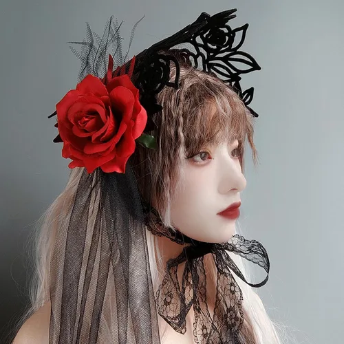 Vista 2 de FEOYA Accesorios góticos para mujer, gargantilla negra, máscara de mascarada, tocado retro y elegante