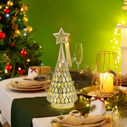 Vista 2 de Árbol de Navidad de vidrio con mosaico dorado con estrella, 2 piezas de árboles de Navidad pequeños de mesa con luz, árbol de Navidad a