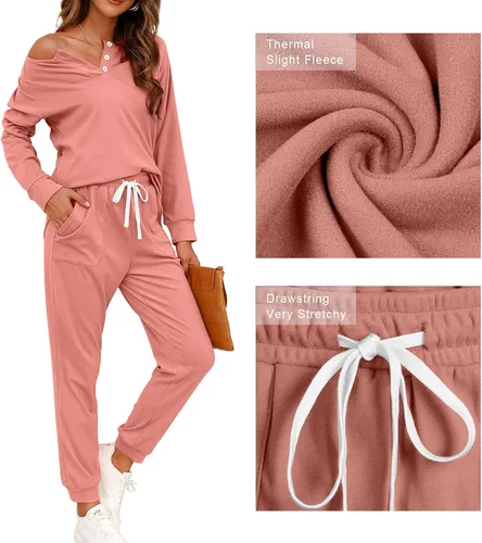 Vista 112 de Wiholl - Conjuntos de dos piezas para mujer: ropa cómoda con sudadera abotonada y pantalones deportivos con bolsillos