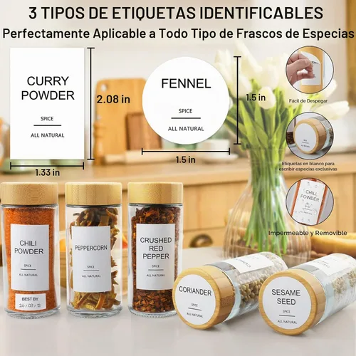 Vista 2 de AISIPRIN - 24 frascos de vidrio para especias con 398 etiquetas, frascos redondos de 118 ml para condimentos con tapas herméticas de bambú, juego