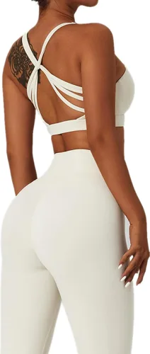 Vista 2 de ABOCIW Conjuntos de entrenamiento para mujer, 2 piezas, cintura cruzada, leggings de cintura alta, tirantes deportivos, para ejercicio, gimnasio