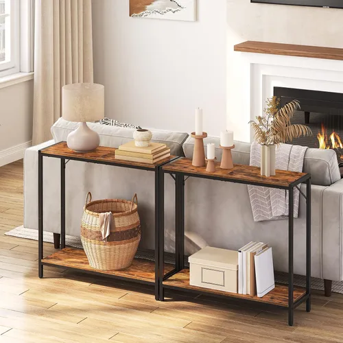 Vista 12 de MAHANCRIS Mesa consola, mesa de entrada de 2 niveles, detrás de la mesa del sofá, estilo industrial, resistente y estable, para sala de estar