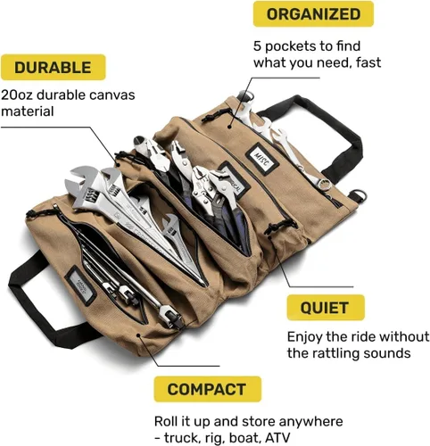 Vista 3 de Bolsa enrollable de herramientas oficial Voyager – Bolsa enrollable de 5 bolsillos fácil de transportar – Lona duradera de 20 onzas, cremalleras YKK