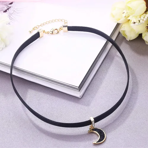 Vista 3 de LVEN - Gargantilla negra para mujer, collar de tono doradoplateado con elegante dije