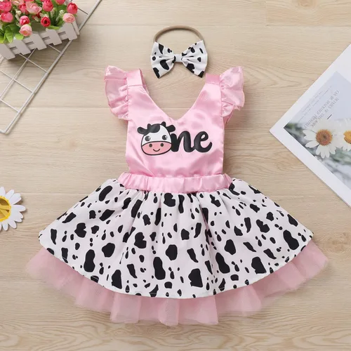Vista 2 de IMEKIS Toddler Baby Girl Farm Cow 1st Birthday Outfit Cow Print Dress with Headband Cake Smash Photo Shoot Clothes Set