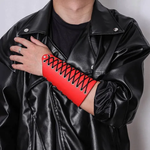 Vista 13 de MILAKOO 2 unids hombre negro cuero ancho guantelete pulsera de sujeción brazo armadura brazalete ajustable