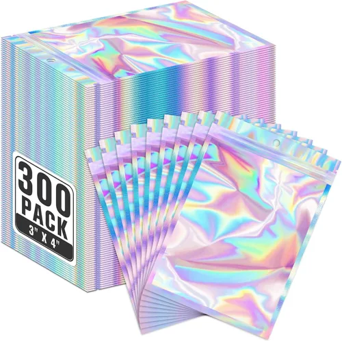 Vista 13 de ANZNKU Paquete de 300 bolsas multicolor para bolígrafos, bolsas holográficas de Mylar con ventana transparente, bolsas de embalaje a prueba