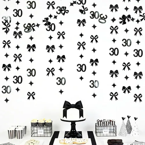 Vista 7 de Decoraciones de cumpleaños negras con lazo del 30 aniversario, guirnalda de lazos coquette con purpurina, pancarta serpentina para mujeres
