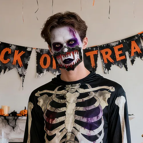 Vista 3 de Aroncent Máscara de media cara de calavera de Halloween con colmillos sangrientos: accesorio de disfraz de mandíbula de esqueleto aterrador