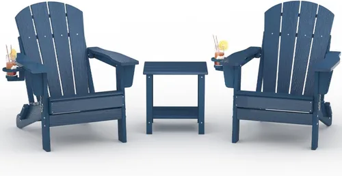 Vista 18 de Juego de 2 sillas Adirondack plegables HDPE con mesa auxiliar, color negro