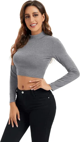 Vista 4 de Camisetas cortas de manga larga para mujer, ligeras, con cuello alto falso, capa base
