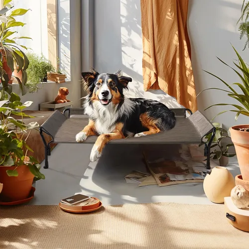 Vista 7 de Veehoo Cama elevada refrescante para perro, cuna elevada para mascotas con barandilla y reposacabezas inclinado, malla Teslin transpirable duradera
