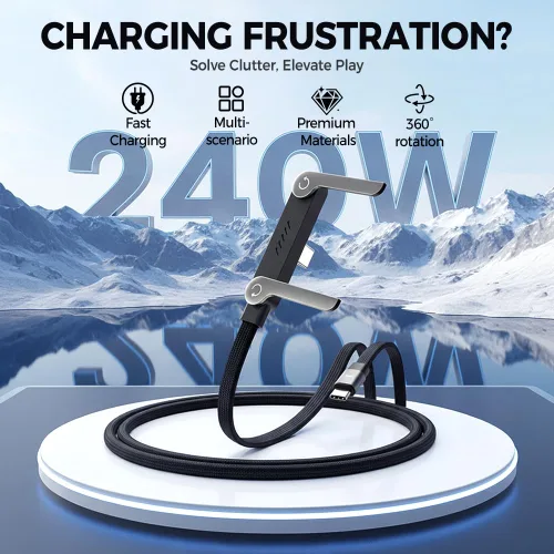 Vista 2 de Cable de carga rápida trenzado de 240 W con soporte de teléfono integrado en forma de T, cable USB-C plegable y duradero de 90 grados, cable USB C