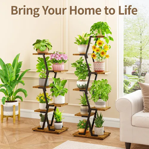 Vista 7 de LASZOLA Soporte para plantas de 5 niveles alto de madera y metal para interiores para macetas de servicio pesado, estante vertical grande