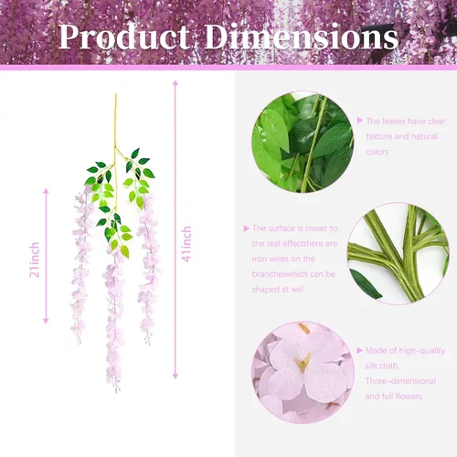 Vista 2 de Paquete de 12 flores colgantes de glicina rosa, flores colgantes falsas de 3.44 pies, guirnalda de glicina artificial para decoración de boda, telón