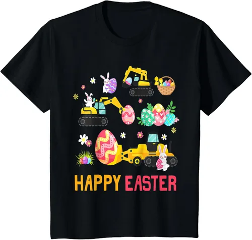 Vista 27 de Kids Happy Easter Construction Crane Truck Boys Toddler T-Shirt Negro