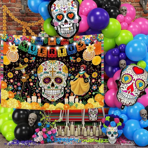 Vista 5 de MEHOFOND Telón de fondo del Día de los Muertos de 7 x 5 pies para fiesta mexicana, Día de los Muertos, decoración de fiesta de cumpleaños, pancarta