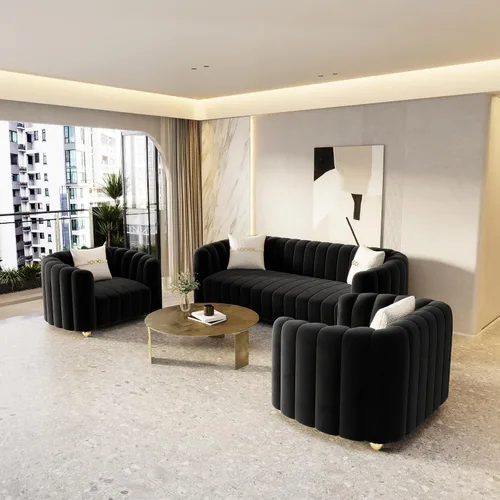 Vista 3 de Moderno juego de sofá de terciopelo negro de 3 piezas para sala de estar, juego de sofá curvado acolchado con patas de esfera de metal dorado