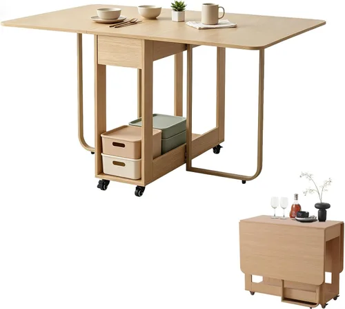 Vista 10 de Mesa de Comedor Plegable con Dos Cajones para 4/6 con Mesa de Hoja Abatible que Ahorra Espacio, Ruedas Bloqueables y Almacenamiento, Superficie