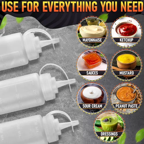 Vista 5 de Paquete de 3 botellas de plástico para condimentos de 8 onzas, botellas recargables para chorros con punta estrecha, resistentes a fugas, ideales