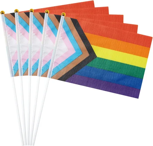 Vista 10 de GentleGirl Paquete de 12 banderas de arco iris del orgullo asexual, pequeñas banderas de mano gay LGBT Festival Fiesta Desfiles Decoraciones