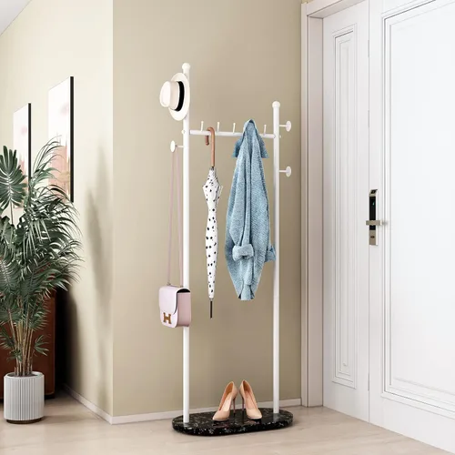 Vista 8 de DR.IRON Percheros de ropa negros con base de mármol, percheros modernos independientes negros con estantes para dormitorio, percheros resistentes