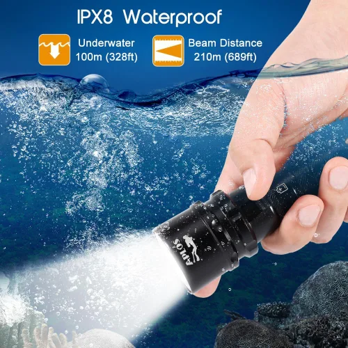 Vista 2 de APLOS Luz de buceo AP20 - Linterna de buceo de 2000 lúmenes, linterna submarina impermeable IPX8 con batería recargable y cargador