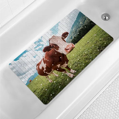 Vista 8 de Tapete de baño floral bohemio morado antideslizante con flores abstractas para ducha, tapete de baño botánico para bañera con ventosas y agujeros