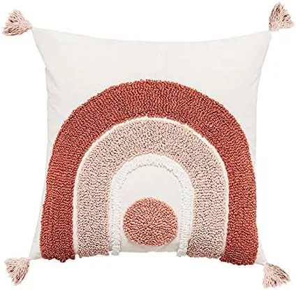 Vista 8 de Bonita funda de almohada lumbar tejida de algodón rosa con borlas y diamantes étnicos bohemios indios con borlas, funda de cojín acogedora