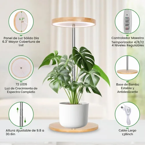 Vista 3 de LORDEM Lámpara de cultivo de bambú, luz LED para plantas de interior, lámpara de crecimiento de escritorio de bambú de espectro completo