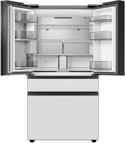 Vista 7 de Samsung Refrigerador de puerta francesa de 4 puertas a medida de 29 pies cúbicos con centro de bebidas, panel superior de vidrio azul matutino