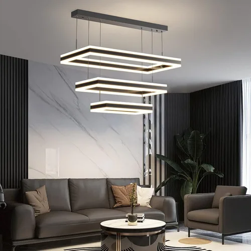Vista 15 de Candelabros modernos para sala de estar, 2 anillos rectángulos, lámpara colgante de isla de cocina, lámpara LED regulable para comedor y dormitorio