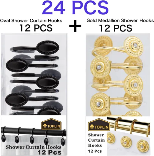 Vista 2 de Paquete de 24 ganchos dorados y negros para cortina de ducha, anillos decorativos para cortina de ducha de baño, barras y forro, ganchos de ducha
