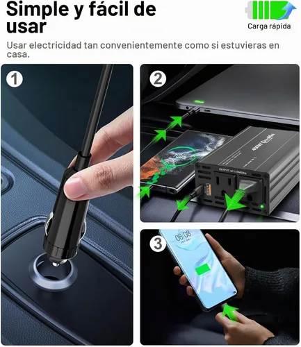 Vista 6 de 400 W Inversor de corriente para automóvil - Adaptador de enchufe de toma doble CC 12 V a 110 V CA, puerto USB C de carga rápida 65 W y 24 W Negro