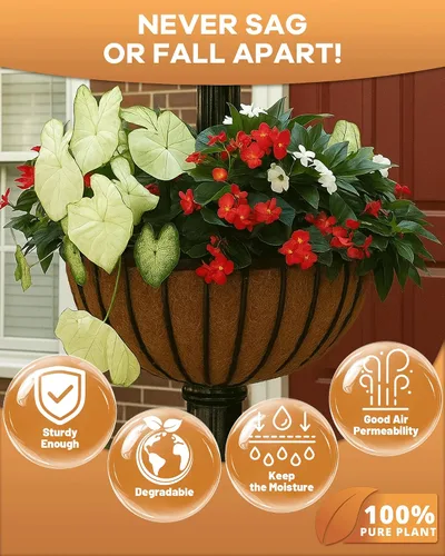 Vista 6 de Forro redondo de fibra de coco de 12 pulgadas para plantas, paquete de 2 macetas redondas de coco natural para macetas colgantes, cajas de ventana
