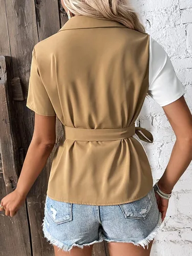 Vista 2 de SHENHE Blusa de manga corta con cuello en V y botones de bloque de color para mujer