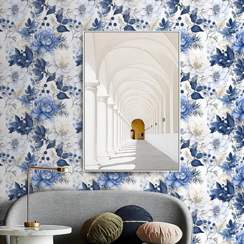 Vista 4 de Booming Peony - Papel tapiz floral de peonía para despegar y pegar - Papel tapiz autoadhesivo removible de hojas azul/blanco - Mural decorativo