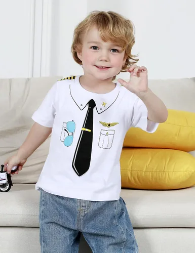 Vista 2 de Camiseta de manga corta con estampado de algodón para niños y niños pequeños, camiseta de cuello redondo, 2T-L