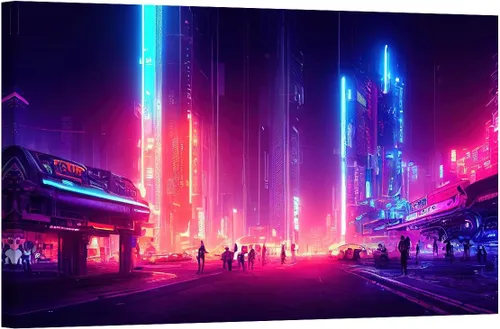 Vista 10 de LSIUHWUWI Future City Concept - Cuadro decorativo moderno para pared, impresión sobre lienzo Cyberpunk City Neon Streetview por la noche