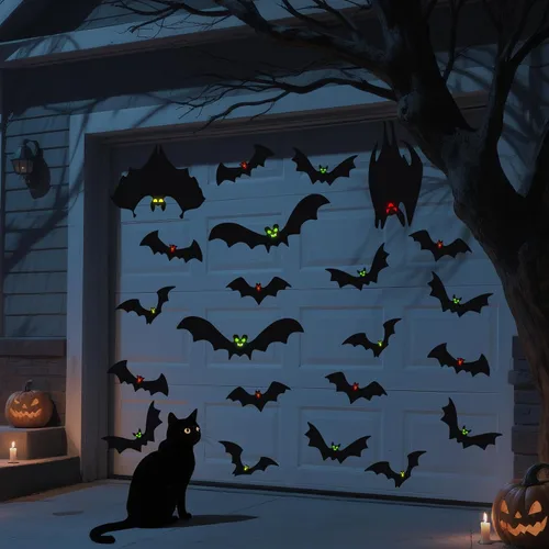 Vista 10 de YUJUN 30 piezas de decoración de Halloween para puerta de garaje, murciélagos negros que brillan en la oscuridad, imanes luminosos para puerta