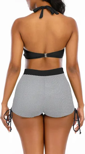 Vista 2 de Adisputent - Trajes de baño de dos piezas para mujer, diseño tipo bikini, con parte superior triangular tipo brasileña, a rayas, tipo halter