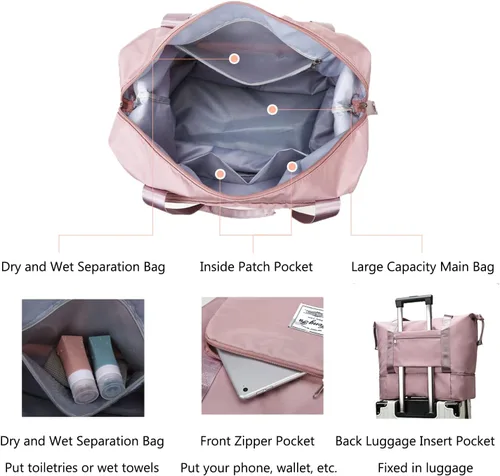 Vista 5 de Bolsa de viaje de gran capacidad, bolsa de lona expandible, resistente al agua, plegable, con compartimentos húmedossecos, bolsa de viaje de gran
