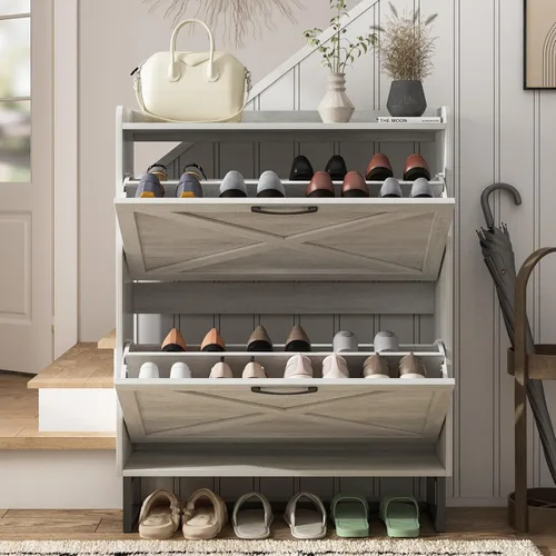 Vista 3 de Maupvit Gabinete de almacenamiento para zapatos con 2 cajones abatibles, organizador independiente con patas de metal para entrada, gabinete Beige
