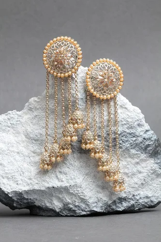 Vista 2 de Joyería de Bollywood tradicional étnica nupcial novia novia dama de honor chapado en oro Kundan largo Faux Pearl Drop Jhumka Jhumki India Bahubali