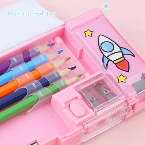 Vista 4 de Estuche de Lápices Multifuncional Emergente para Niñas y Niños, Lindo Organizador de Caja de Bolígrafos de Dibujos Animados con Sacapuntas, Horario