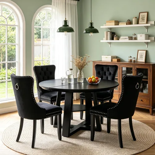 Vista 14 de Juego de 4 mesas de comedor redondas de 5 piezas para 4, 43.3 a 59 pulgadas, extensibles, redondas a ovaladas, juego de 4, mesas de comedor de Mesa