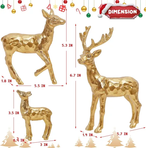 Vista 2 de Lulu Home 3 piezas de decoraciones de mesa navideñas, estatuillas familiares de renos dorados de resina con diversas posturas, adornos para centros