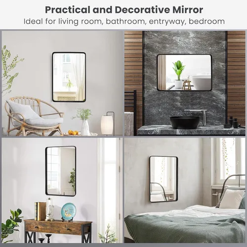 Vista 8 de Tangkula Espejo de baño de 36 x 24 pulgadas para pared, espejo moderno rectangular con marco de acero sólido y esquinas redondeadas, espejo