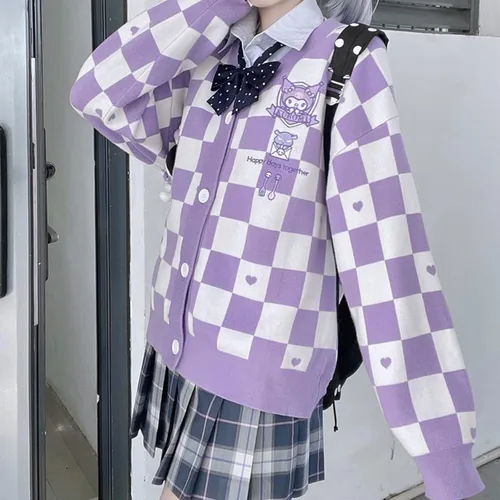 Vista 4 de Kawaii Button Knitted Outerwear Women's Japan Cute Cardigan Plaid Sweater Kawaii Jk Uniform Cardigan Sweater Cosplay Sweater